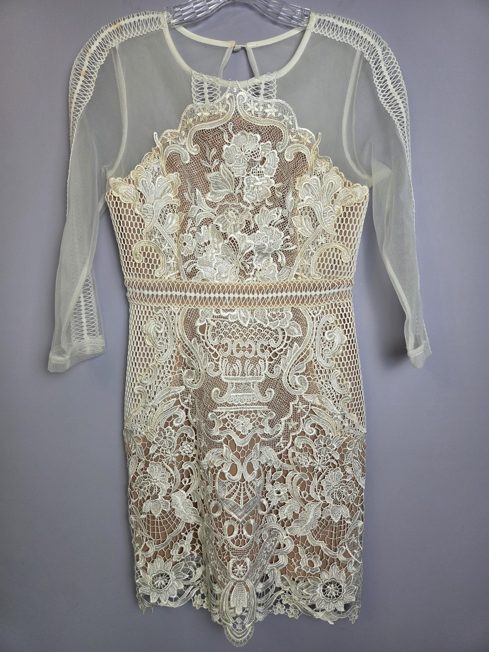 L'ATISTE Ivory and Nude Long Sleeve Feminine Lace Cocktail Dress, Size S